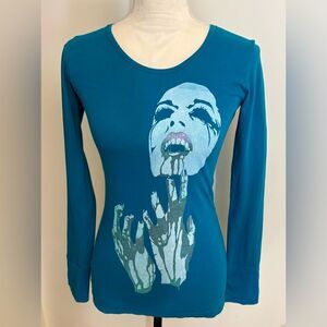 Vintage Y2K Black Chandelier Long Sleeve Top with Unique Print SZ S